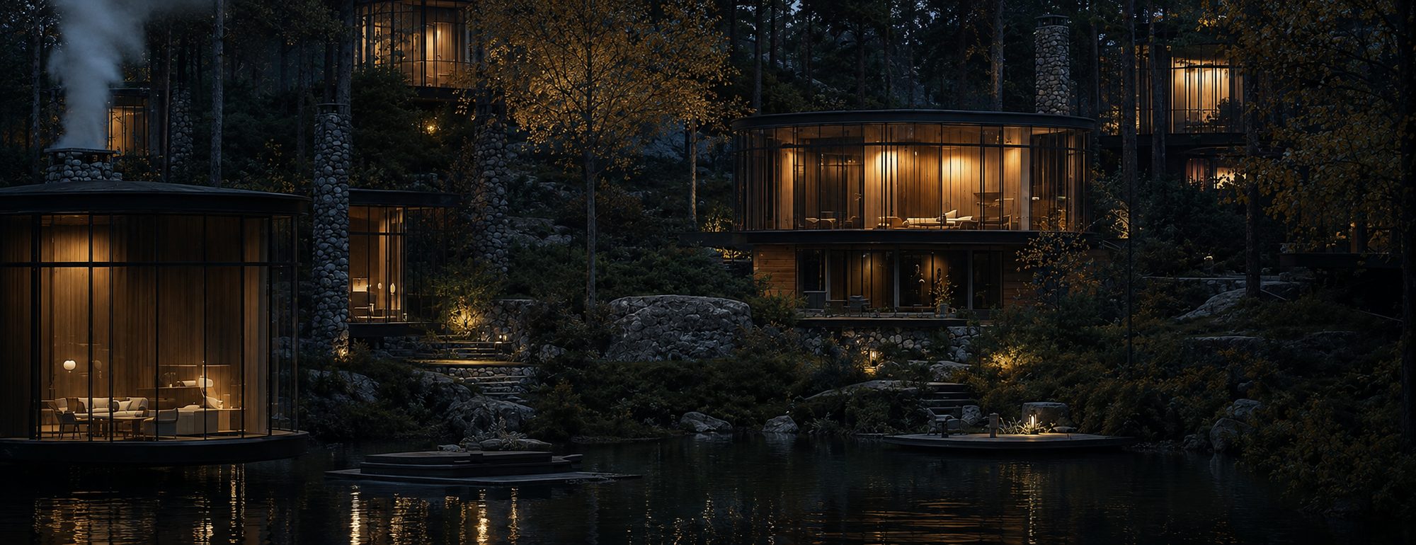 The mountain lodges at night
